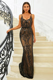 Sparkly Black Mermaid Spaghetti Straps Sequined Long Ball Dress