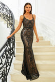 Sparkly Black Mermaid Spaghetti Straps Sequined Long Ball Dress