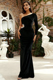 Sparkly Black Velvet Beaded One Shoulder Hollow Out Long Ball Dress