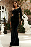 Sparkly Black Velvet Beaded One Shoulder Hollow Out Long Ball Dress