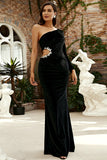 Sparkly Black Velvet Beaded One Shoulder Hollow Out Long Ball Dress