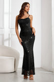 Sparkly Black Sequined Embroidery Mermaid Spaghetti Straps Long Ball Dress