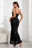 Sparkly Black Sequined Embroidery Mermaid Spaghetti Straps Long Ball Dress