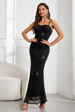 Sparkly Black Sequined Embroidery Mermaid Spaghetti Straps Long Ball Dress