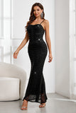 Sparkly Black Sequined Embroidery Mermaid Spaghetti Straps Long Ball Dress