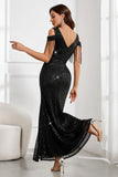 Sparkly Black Mermaid Fringed Cold Shoulder Long Ball Dress with Slit