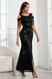 Sparkly Black Mermaid Fringed Cold Shoulder Long Ball Dress with Slit