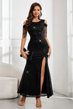 Sparkly Black Mermaid Fringed Cold Shoulder Long Ball Dress with Slit