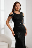 Sparkly Black Mermaid Fringed Cold Shoulder Long Ball Dress with Slit