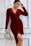 Burgundy Velvet Wrap Long Sleeves Cocktail Dress