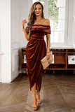 Brown Off the Shoulder Velvet Wrap Long Ball Dress