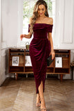 Brown Off the Shoulder Velvet Wrap Long Ball Dress