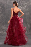 Sparkly Burgundy A-Line Ruffle Tiered Long Ball Dress with Sequins