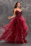 Sparkly Burgundy A-Line Ruffle Tiered Long Ball Dress with Sequins