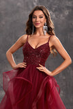 Sparkly Burgundy A-Line Ruffle Tiered Long Ball Dress with Sequins