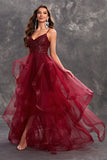 Sparkly Burgundy A-Line Ruffle Tiered Long Ball Dress with Sequins