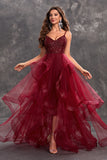 Sparkly Burgundy A-Line Ruffle Tiered Long Ball Dress with Sequins