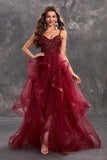 Sparkly Burgundy A-Line Ruffle Tiered Long Ball Dress with Sequins