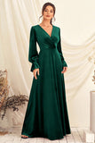 Dark Green V Neck Velvet Wrap Long Ball Dress with Long Sleeves