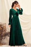 Dark Green V Neck Velvet Wrap Long Ball Dress with Long Sleeves