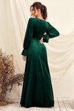 Dark Green V Neck Velvet Wrap Long Ball Dress with Long Sleeves