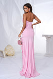 Pink Mermaid Strapless Ruffles Long Ball Dress with Slit