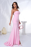 Pink Mermaid Strapless Ruffles Long Ball Dress with Slit