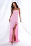 Pink Mermaid Strapless Ruffles Long Ball Dress with Slit