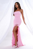 Pink Mermaid Strapless Ruffles Long Ball Dress with Slit