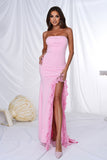 Pink Mermaid Strapless Ruffles Long Ball Dress with Slit