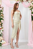 Apricot Spaghetti Straps Bodycon Long Ball Dress with Slit