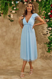 Sky Blue A Line V Neck Tulle Cocktail Dress