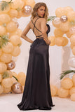 Black Mermaid Lace-up Back Long Ball Dress with Slit