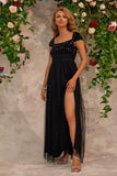 Sparkly Beading Black Square Neck Ball Dress with Slit