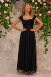 Sparkly Beading Black Square Neck Ball Dress with Slit