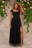 Sparkly Beading Black Square Neck Ball Dress with Slit