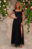 Sparkly Beading Black Square Neck Ball Dress with Slit