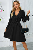 Black Ruffle Bell Long Sleeves A-Line Short Party Dress with Belt