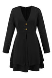 Black A-Line Long Sleeves V Neck Buttons Short Party Dress