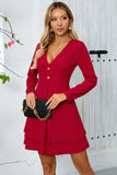 Black A-Line Long Sleeves V Neck Buttons Short Party Dress