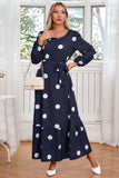 Navy Scoop Neck Polka Dots Long Cocktail Dress with Sash