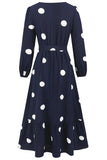 Navy Scoop Neck Polka Dots Long Cocktail Dress with Sash