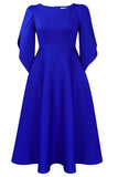 Fashion Elegant Royal Blue A Line Solid Swing Dress with Half Sleeves