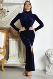 Dark Blue Mermaid Halter Neck Ball Dress with Slit