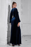 Puff Sleeves Dark Blue Ruched Long Velvet Prom Dress with Slit