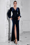 Puff Sleeves Dark Blue Ruched Long Velvet Prom Dress with Slit