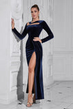 Dark Blue Long Sleeves Velvet Prom Dress with Slit