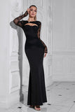 Stylish Black Tulle Sleeves Mermaid Hollow Out Prom Dress