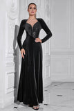 Sparkly A Line Velvet Long Prom Dress with Long Sleeves