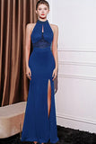 Sparkly Royal Blue Mermaid Halter Neck Beaded Long Prom Dress with Slit